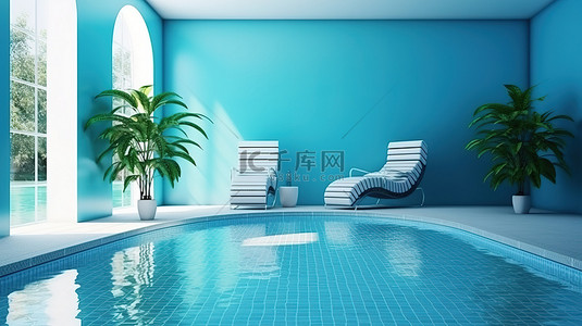 室内休闲空间和游泳池3D渲染之间的无缝连接