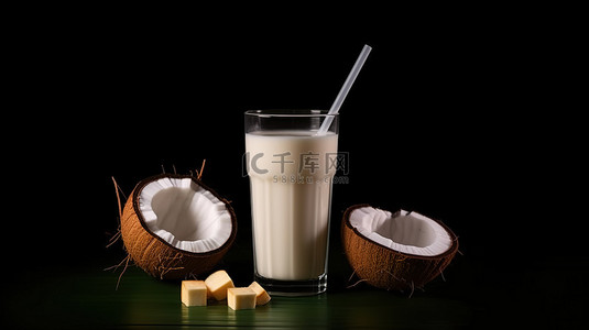 新鲜椰子水背景图片_黑色背景上椰子果实和果汁的 3d 渲染