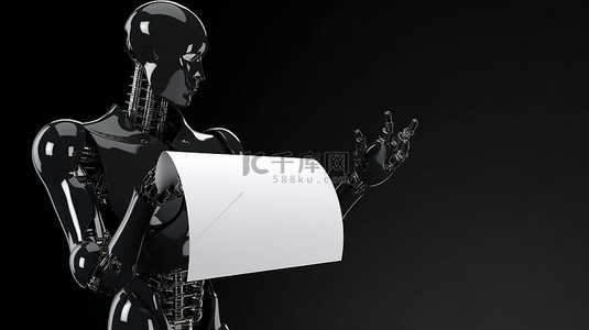 黑色机器人手臂在 3D 渲染中抓住一张空的黑纸