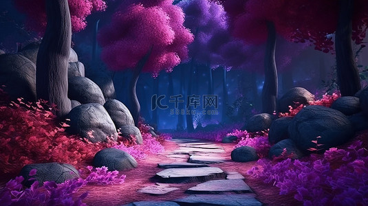 紫色光芒背景背景图片_迷人的森林风景，树木灌木和神秘的紫色光芒令人惊叹的 3D 描绘