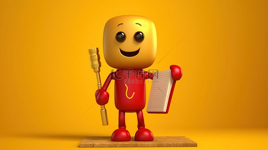 广告紫色背景背景图片_冠军奖杯吉祥物拿着红色剪贴板和铅笔在黄色背景 3D 渲染图像