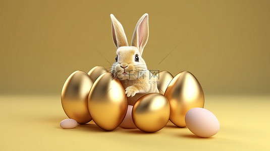 3D 现实主义中的金色兔子和复活节彩蛋节日复活节装饰矢量