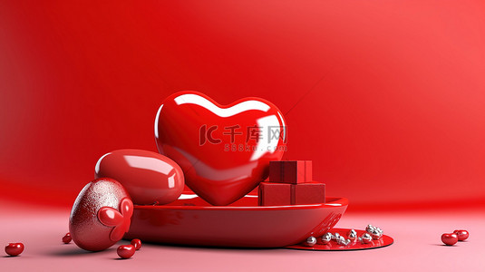 卡片红色背景图片_充满活力的情人节问候横幅，带有一抹红色和光泽的心形装饰，令人惊叹的 3D 插图