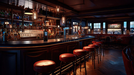 3D 设计的当代酒吧或酒吧内部的夜景