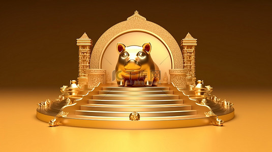 背景下讲台上金存钱罐的中国风格 3D 渲染