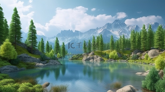 雪山湖景背景图片_令人惊叹的森林湖的山地景观 3D 渲染