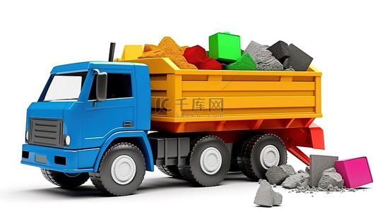 白色背景展示了彩色自卸车和儿童起重机玩具的 3D 渲染