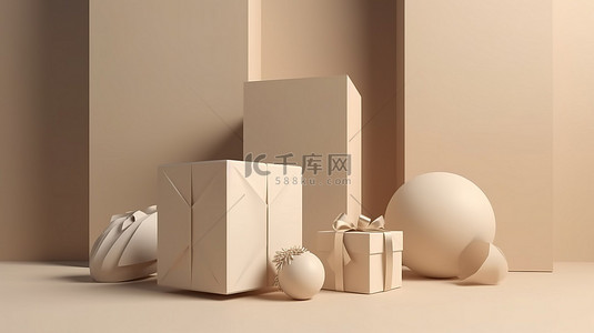 礼品盒插画背景图片_用于商业设计的 3D 渲染中的豪华米色礼品盒概念卡通风格插图