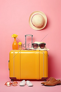 粉色的帽子背景图片_粉色旅行包帽子墨镜和气球装饰的行李箱