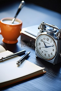 珠宝名片背景图片_木桌上有橙色笔和笔记本的闹钟