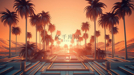 夏天夏天背景背景图片_阳光普照的棕榈树复古未来派 3D 背景