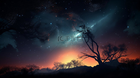夜晚的大树卡通背景图片_星空天空大树