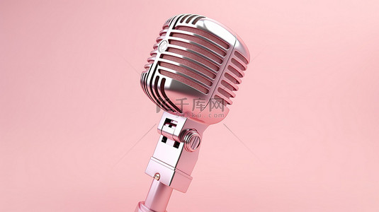 粉红色背景上金属麦克风的 3D 渲染，非常适合唱歌或演奏音乐