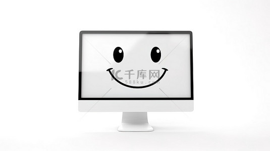 白色背景下桌面计算机屏幕上显示的孤立简约表情符号的 3D 渲染