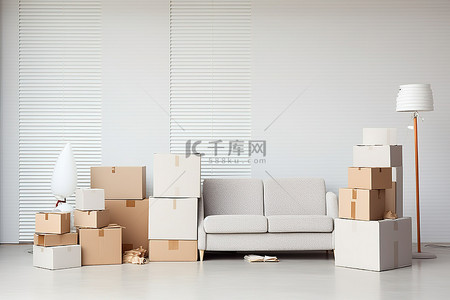 人在箱子里背景图片_白色的移动箱子堆放在带家具的房间里