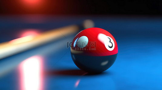 台球室灯箱背景图片_3 号红色台球在散焦的蓝色背景下被提示击中的 3D 插图