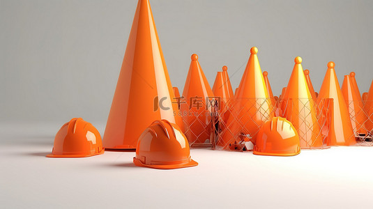 明亮背景下安全设备施工围栏交通锥和橙色头盔的 3D 渲染
