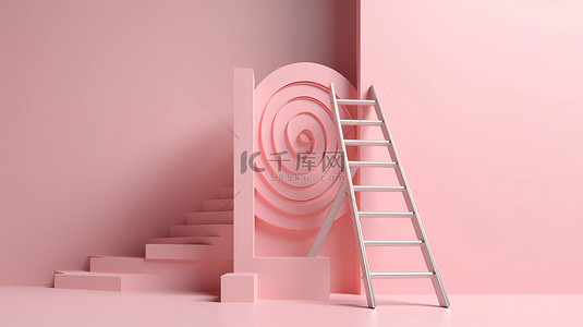 挑战攀登背景图片_3D 插图在浅粉色柔和的背景上攀登成功的阶梯业务目标成就