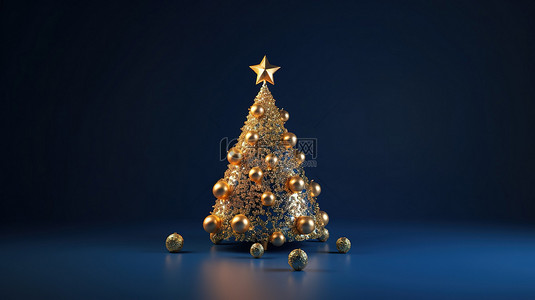 星星圣诞灯背景图片_3D 金色圣诞树，顶部装饰着一颗星星，背景是蓝色工作室背景