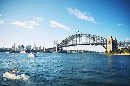 船中船背景图片_悉尼海港大桥在晨光中扬帆起航