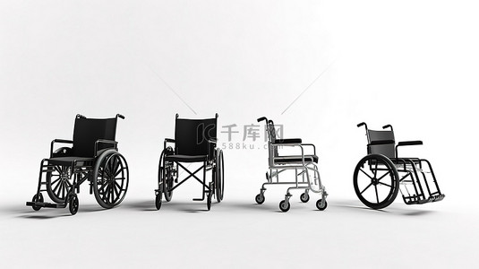 的轮椅背景图片_白色背景 3d 渲染上无人使用的轮椅的各种角度