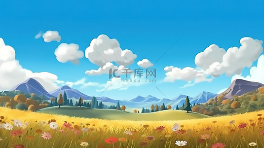 热气球蓝旗背景图片_异想天开的秋季乡村，蓝天下草地和山脉的 3D 渲染，云彩完美适合横幅和海报