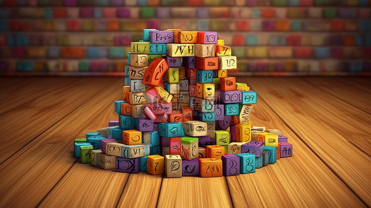 带有 & 符号和字母 3D 渲染的木制儿童玩具块