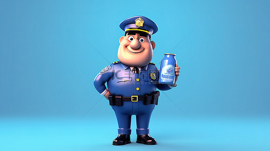 拿着一瓶苏打水的卡通警察的搞笑 3D 渲染