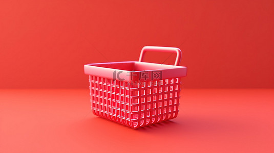 粉红色背景下红色购物篮的虚拟购物体验 3D 渲染