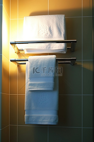 浴室背景图片_空荡荡的浴室里挂着一个毛巾架，上面挂着四块白毛巾