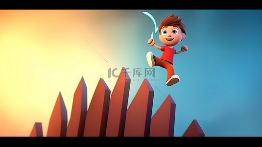 孩子在向上箭头旁边跳跃，象征着成就与文本 3D 卡通图像的空白区域