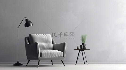 灰色绿色背景图片_照明的起居空间 3D 渲染房间，配有时尚的黑色椅子和中性灰色墙壁