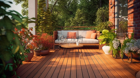 家具装修螺丝背景图片_夏日户外庭院的 3D 渲染设计