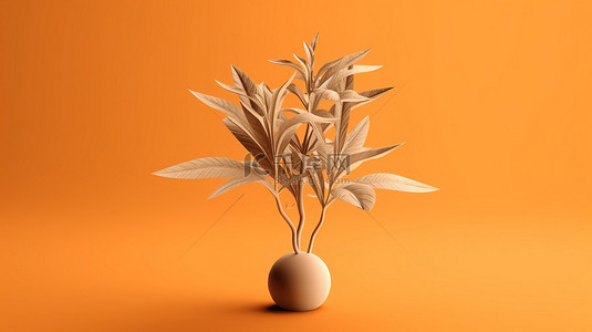 橙色背景与单色树叶的 3D 渲染