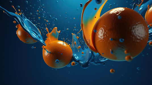 动态蓝色 3D 背景与运动中的橙色液体滴令人惊叹的 3D 渲染