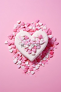 心粒子背景图片_粉红色背景上的粉红色和白色五彩纸屑的情人节心形饼干