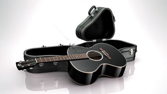旋律背景图片_1 黑色木质原声吉他和白色背景下匹配的皮革硬盒的 3D 渲染