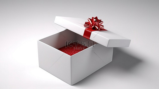 带有红色蝴蝶结和不确定白色问号的白色礼品盒的 3D 渲染
