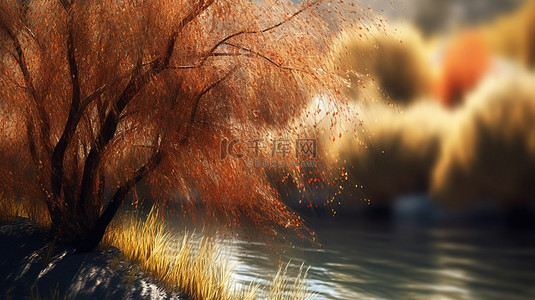 河岸高高的草丛中一棵孤独的秋树，复杂的 3D 渲染