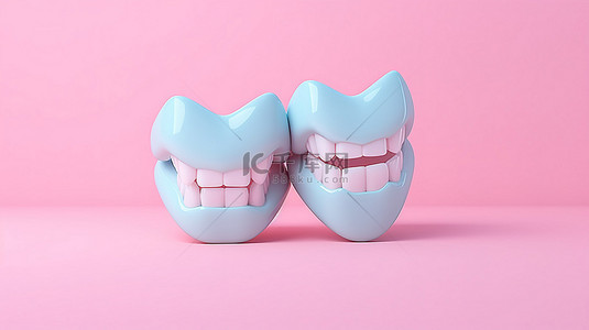 牙齿美白海报背景图片_3D 渲染牙齿在粉红色和蓝色柔和背景下的插图