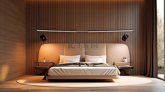 时尚的棕色简约卧室，配有木质墙板弧形灯和 3D 渲染