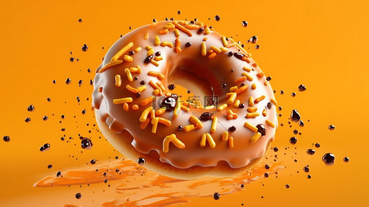 带有橙色釉料和运动洒水的甜甜圈的真实 3D 渲染