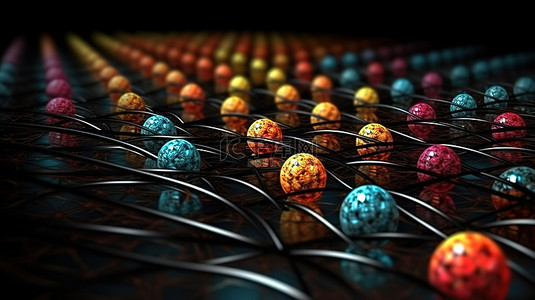 细波浪线背景图片_彩色球编织在神秘的暗桌上 3D 插图