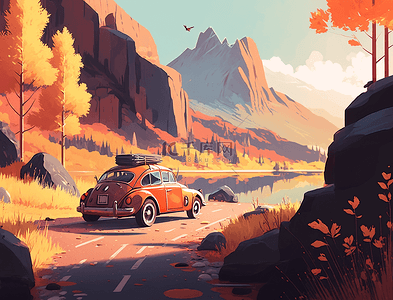秋天树木山丘沙漠汽车旅游背景