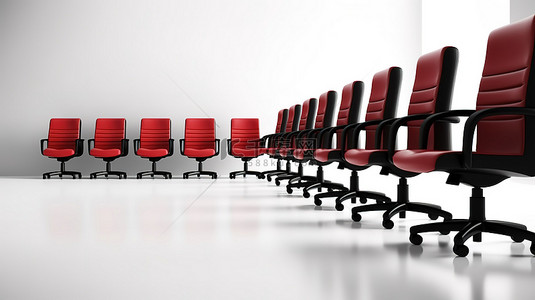 大胆的红色皮革老板办公椅在干净的白色背景 3D 渲染中的一排黑色椅子中脱颖而出