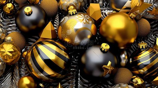 冬季饮食背景图片_节日背景 3D 渲染，配有黑色和黄色圣诞装饰品以及其他装饰元素