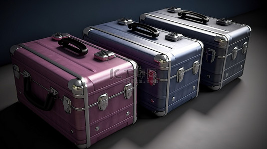 换食套餐背景图片_3d 渲染中的一排三个硬箱行李