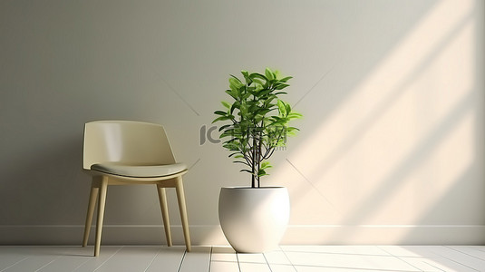 空的花瓶背景图片_房间里椅子上的花瓶里有一株 3D 渲染的植物