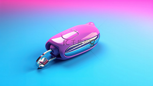 蓝色背景 3d 渲染上的当代双色调粉色车钥匙