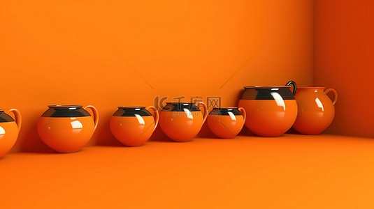 欧式铁艺花盆背景图片_3D 渲染的单色花盆在充满活力的橙色背景下